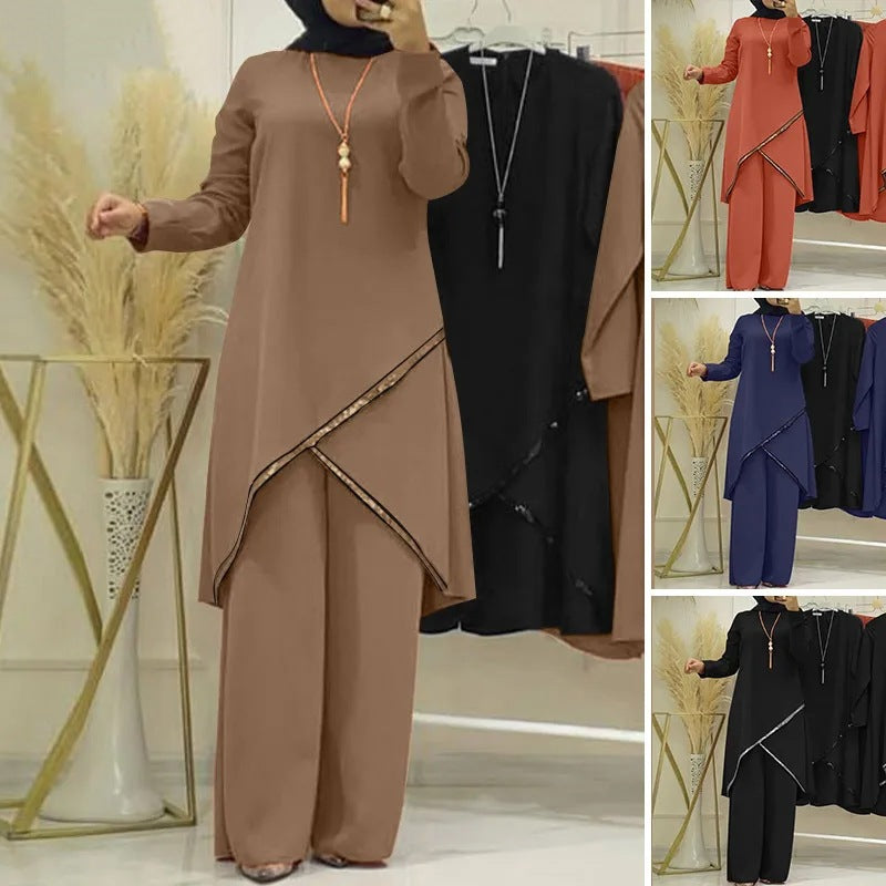 MMIIU Spring and Autumn Muslim two piece set long sleeve O neck long sleeve shirt wide leg pants suit casual women's suit