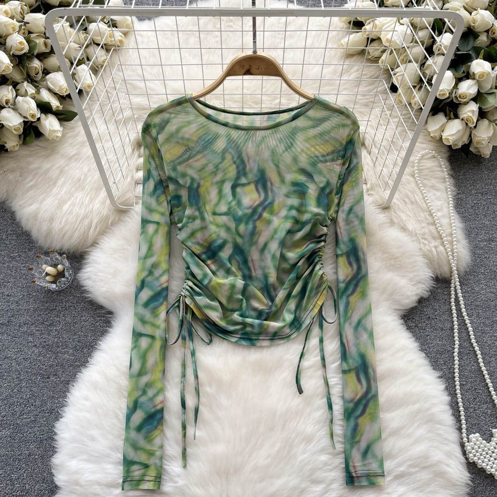 Retro niche design tie-dye mesh drawstring crew neck T-shirt top summer new slim long-sleeved chiffon shirt