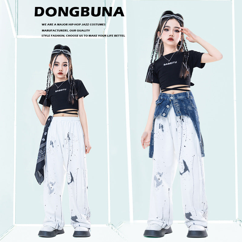 girls hip-hop suit trendy Korean style short sleeved shirt with short sleeves for children jazz dance performance costume