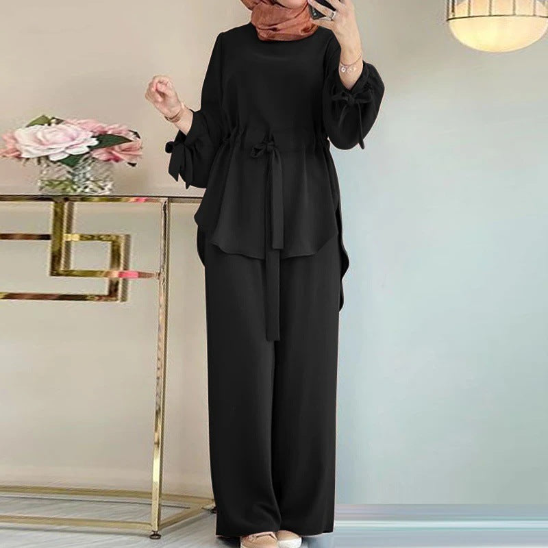 MMIIU Muslim New Women's Solid Color Drawstring Waist Top Wide Leg Pants Set Elegant and Fashionable Bloomers Pants Set