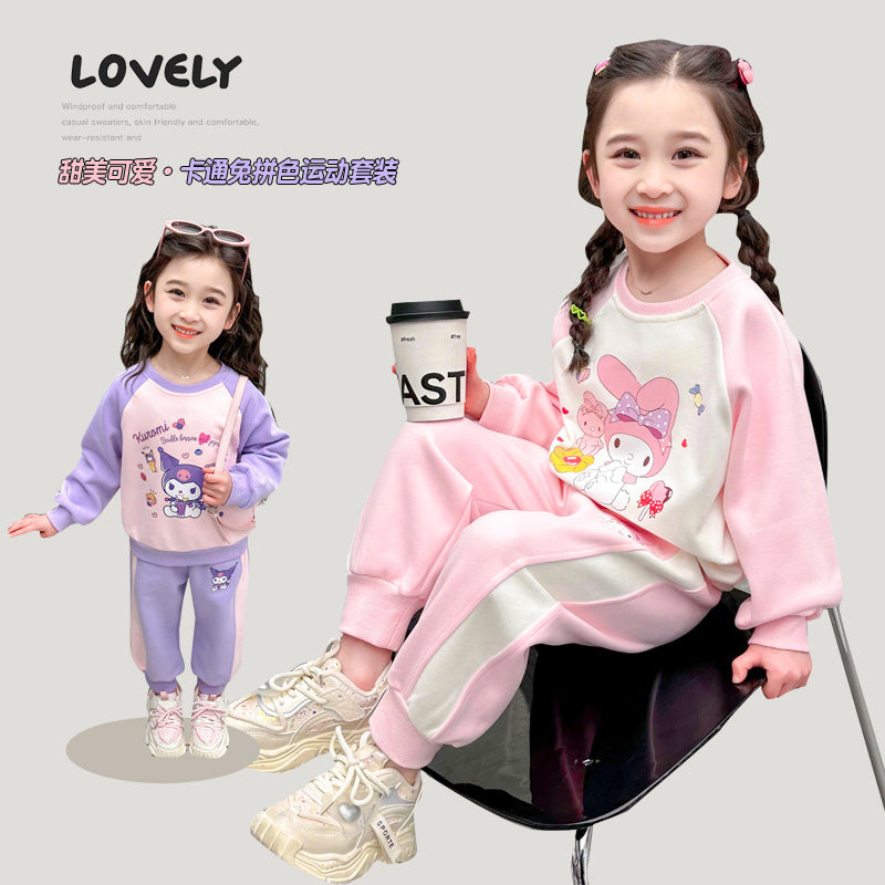 version spring and autumn 2024 print girls new foreign sweatshirt children's casual two-piece set fashion