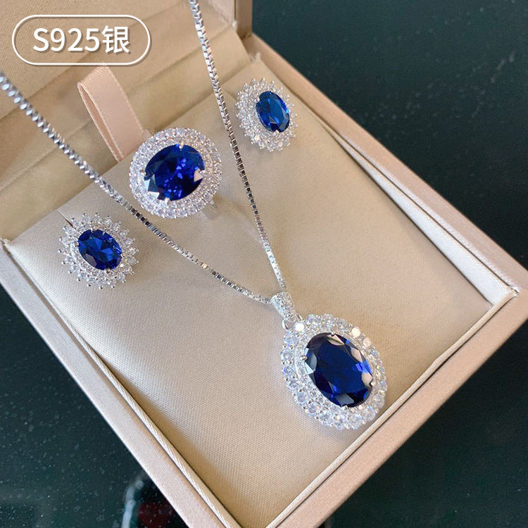 Jewelry  Silver Jewelry Set Classic Imitation Tanzanite Sapphire Earrings Pendant Set