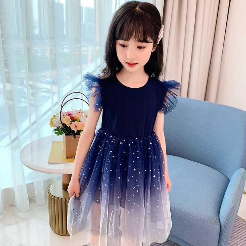 Girls' summer clothes new 2024 air starry sky gradient short sleeve dress princess dress tutu tulle skirt children's skirt