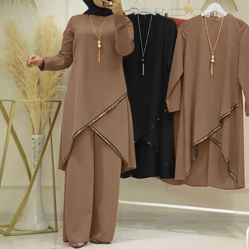 MMIIU Spring and Autumn Muslim two piece set long sleeve O neck long sleeve shirt wide leg pants suit casual women's suit