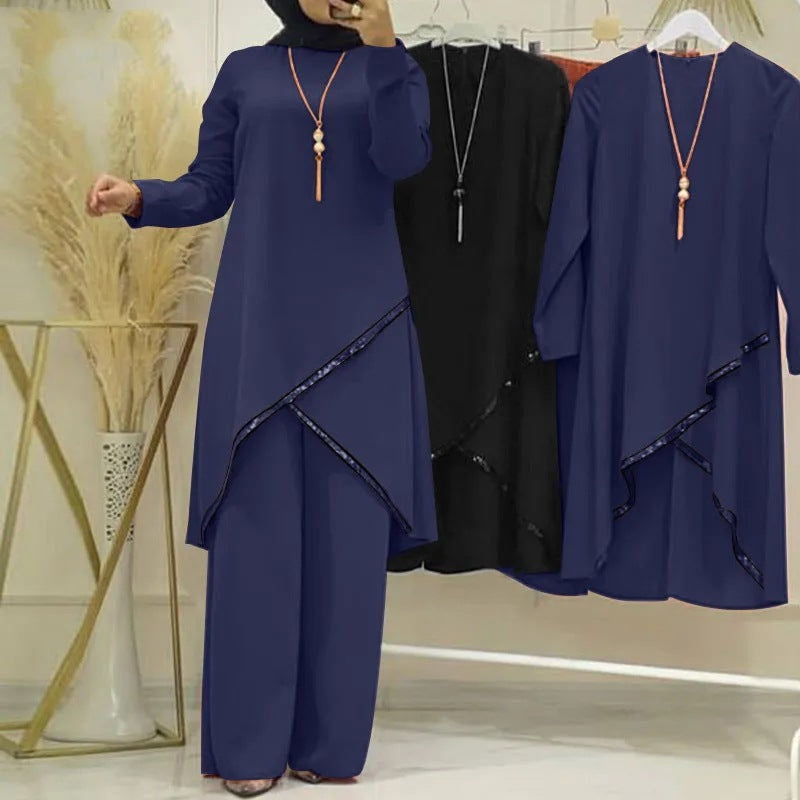 MMIIU Spring and Autumn Muslim two piece set long sleeve O neck long sleeve shirt wide leg pants suit casual women's suit