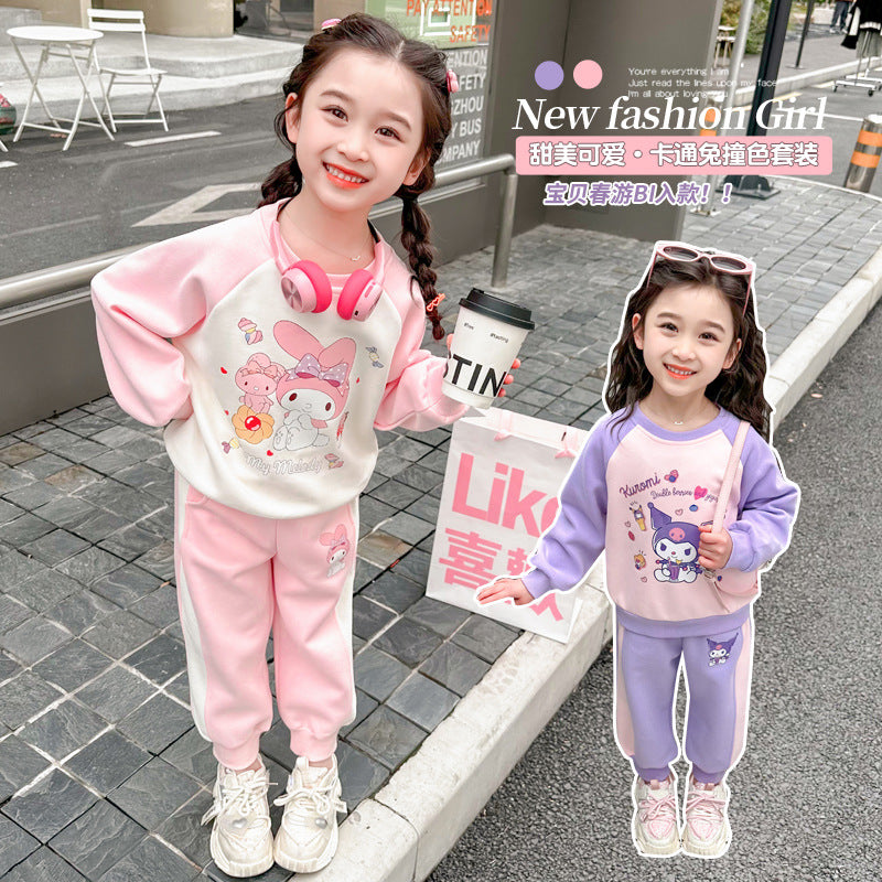 version spring and autumn 2024 print girls new foreign sweatshirt children's casual two-piece set fashion