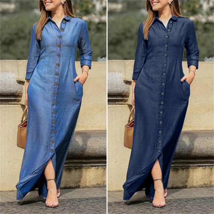 women's clothing temperament is elegant, fashionable, neutral, long sleeved, roll necked cardigan, solid color, long denim skirt