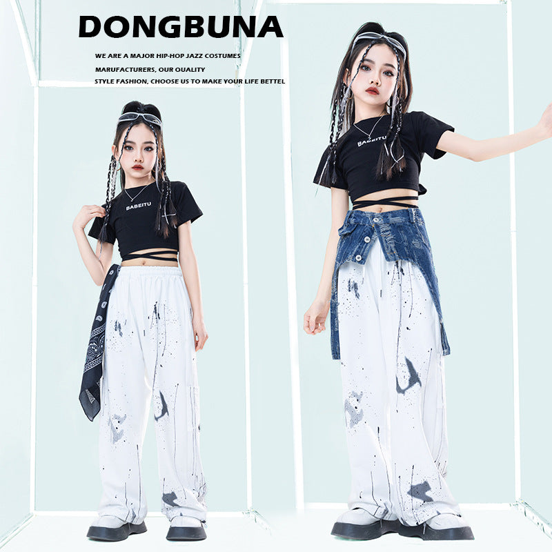 girls hip-hop suit trendy Korean style short sleeved shirt with short sleeves for children jazz dance performance costume