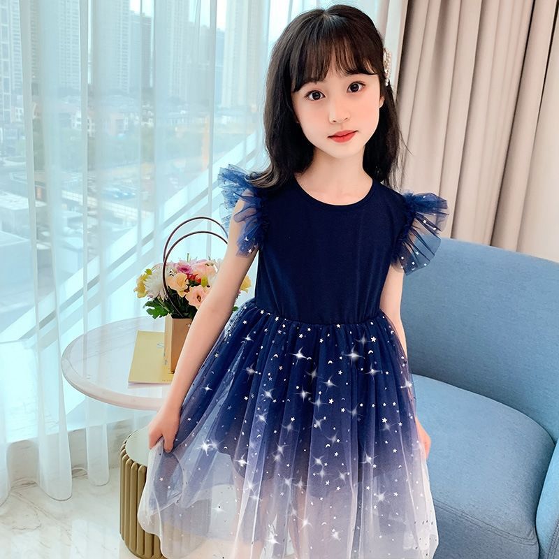 Girls' summer clothes new 2024 air starry sky gradient short sleeve dress princess dress tutu tulle skirt children's skirt