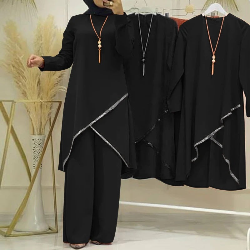 MMIIU Spring and Autumn Muslim two piece set long sleeve O neck long sleeve shirt wide leg pants suit casual women's suit